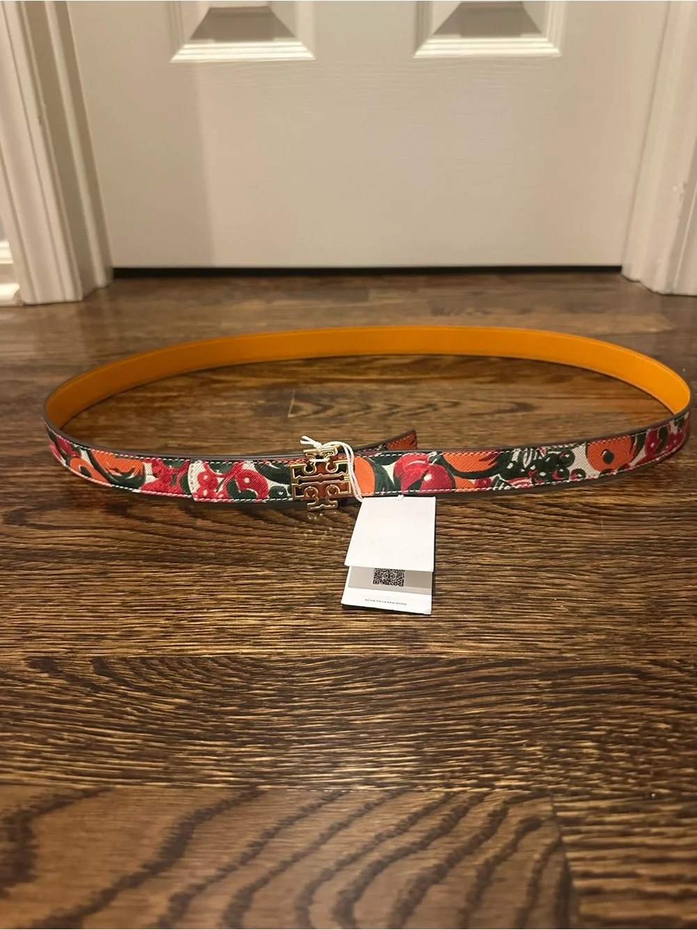 Tory Burch Floral and Fruit Basket Print Leather Reversible Belt
